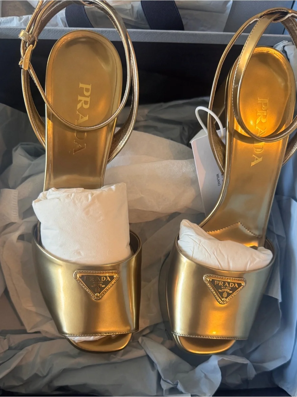 New Gold Prada metallic Platform Ankle-Strap Women's Heels